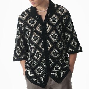 Sandstone Men's Button-Up Shirt Size L Black/White Geometric Short Sleeve Top